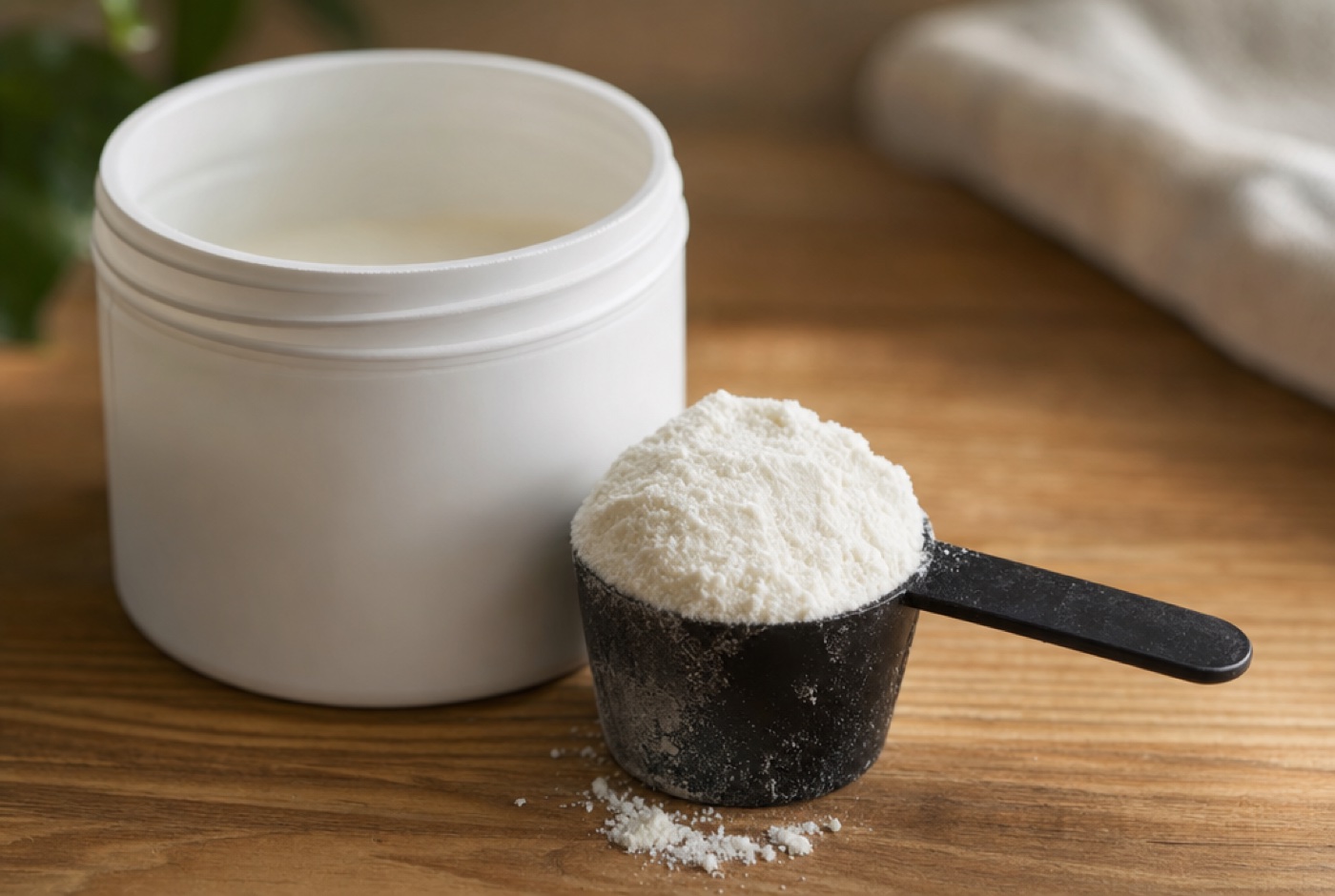 Close-up of a scoop of fine white collagen peptide powder next to an unlabeled tub on a wooden counter