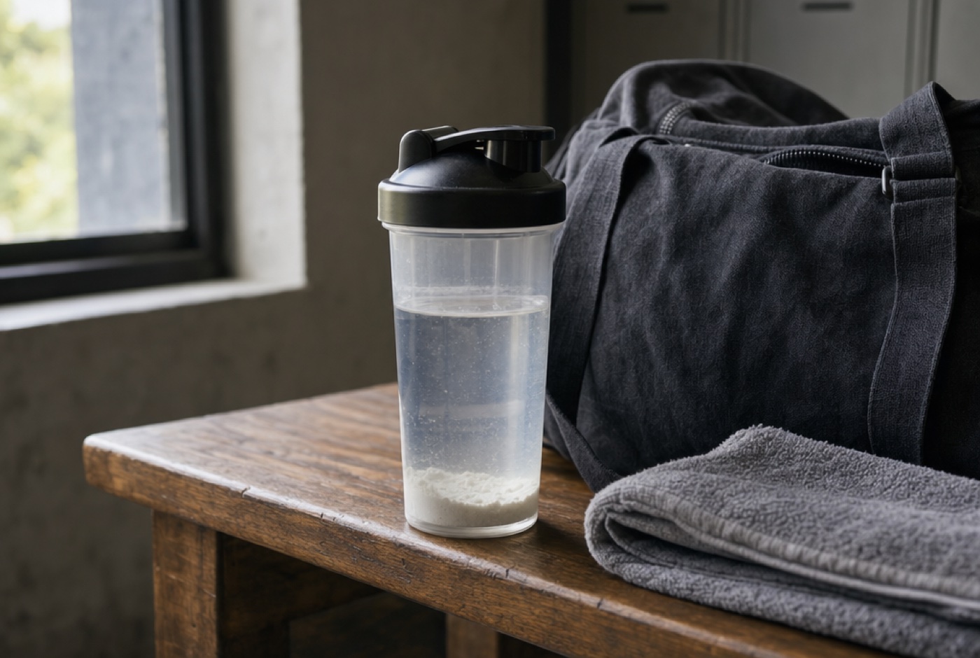 Unlabeled shaker bottle with water and white creatine powder settling, on a wooden bench next to a gym bag