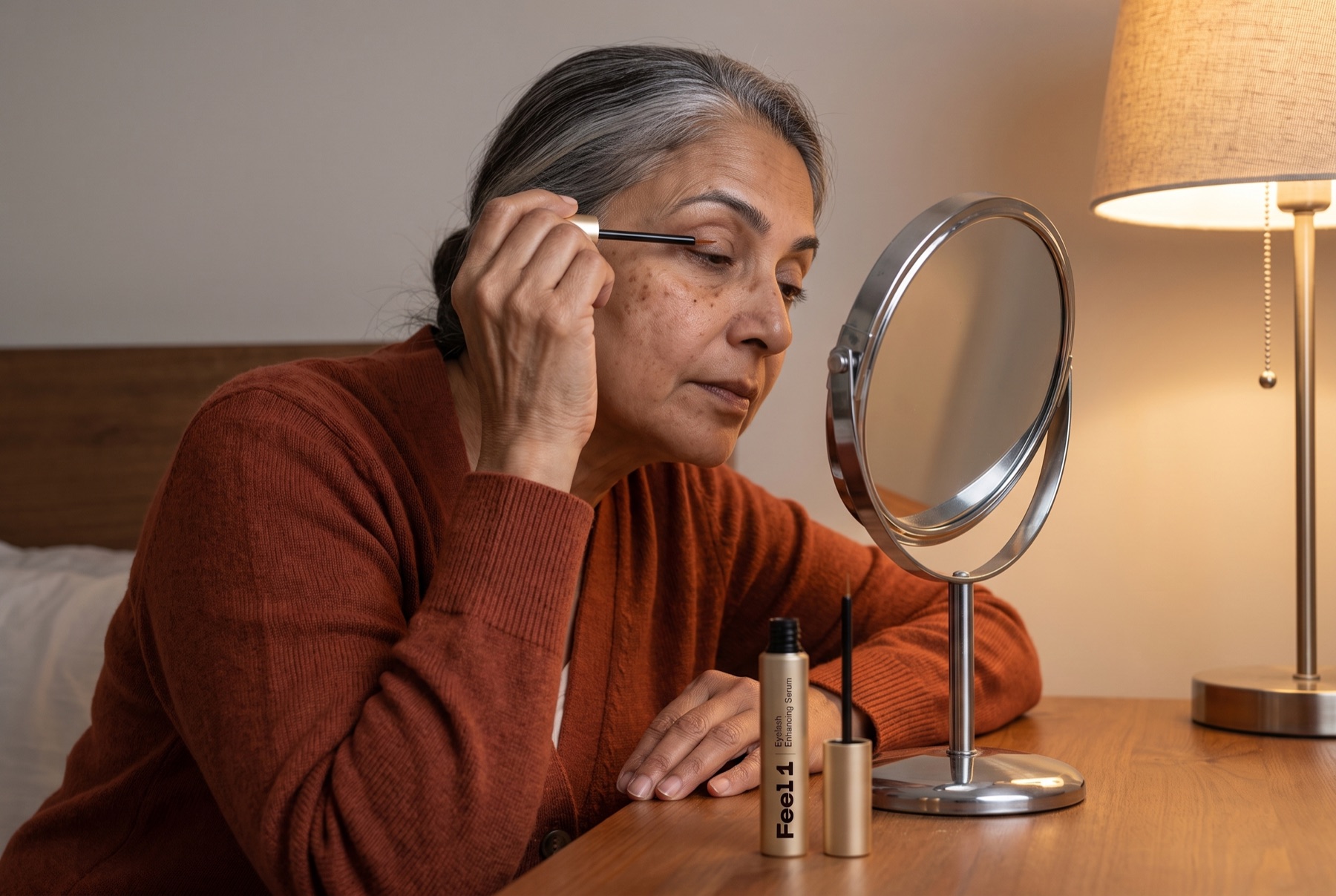 Woman of 61 leaning into a round magnifying mirror and drawing a fine serum brush along her upper lash line, eyebrow visible, gold serum tube in her other hand