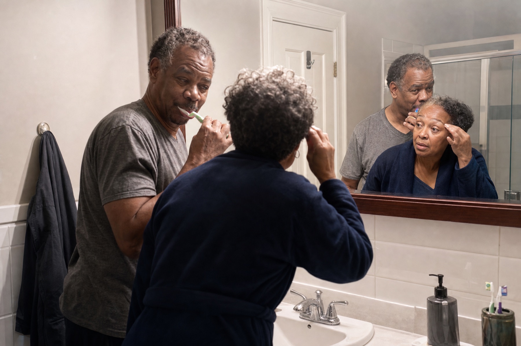 Couple in their late fifties at a bathroom mirror under a ceiling light, he is brushing his teeth, she is dabbing at her eyebrow