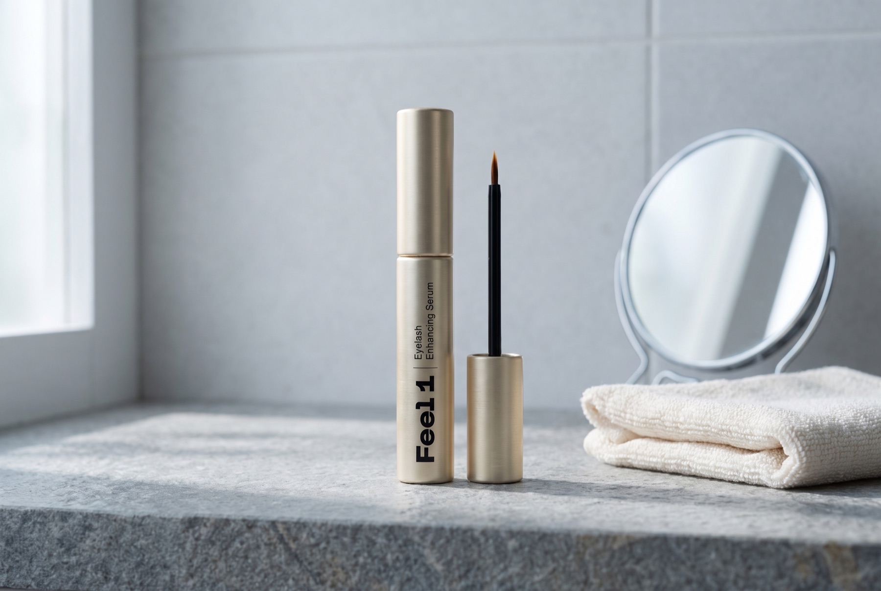 Champagne-gold tube of Feel1 Eyebrow and Eyelash Peptide Serum standing on a grey stone shelf next to a folded washcloth and a small round mirror