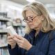 Woman in her mid-fifties with reading glasses low on her nose squinting at the ingredient list on a small box in a drugstore beauty aisle