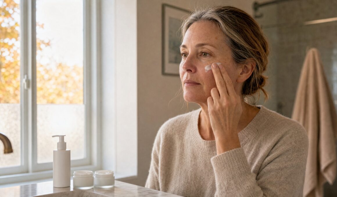 Woman in her mid-fifties applying moisturizer at a bathroom sink in autumn light