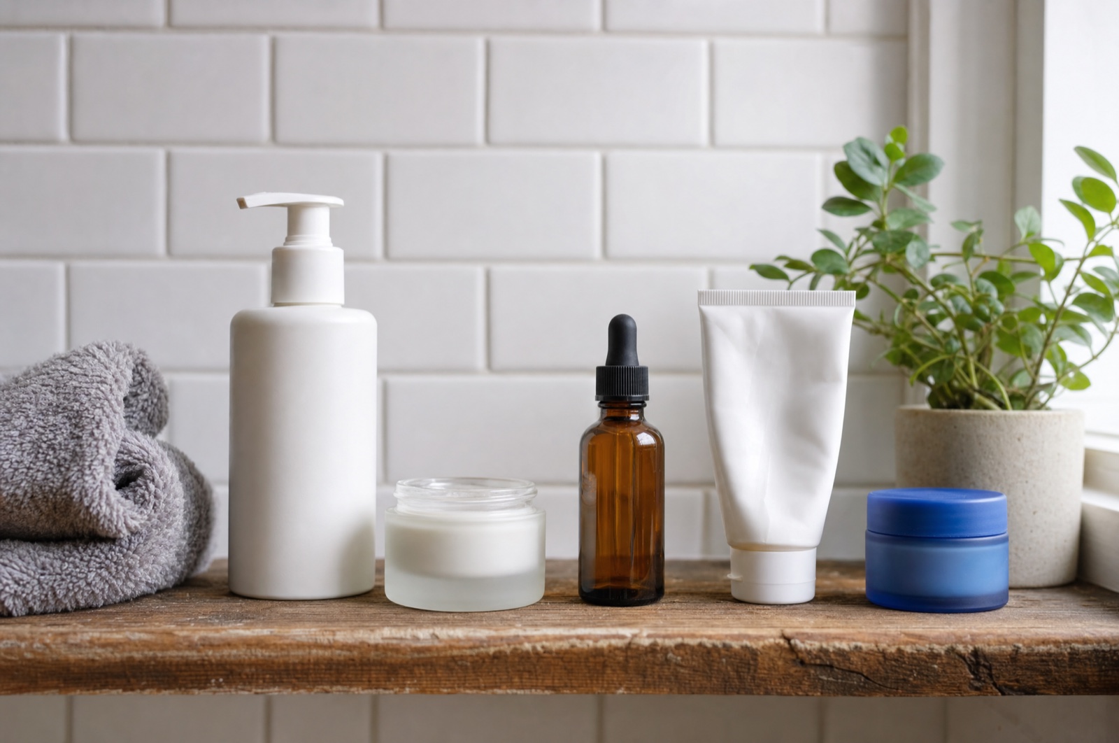 Bathroom shelf with an unlabeled cleanser pump, cream jar, dropper bottle, sunscreen tube and small blue jar