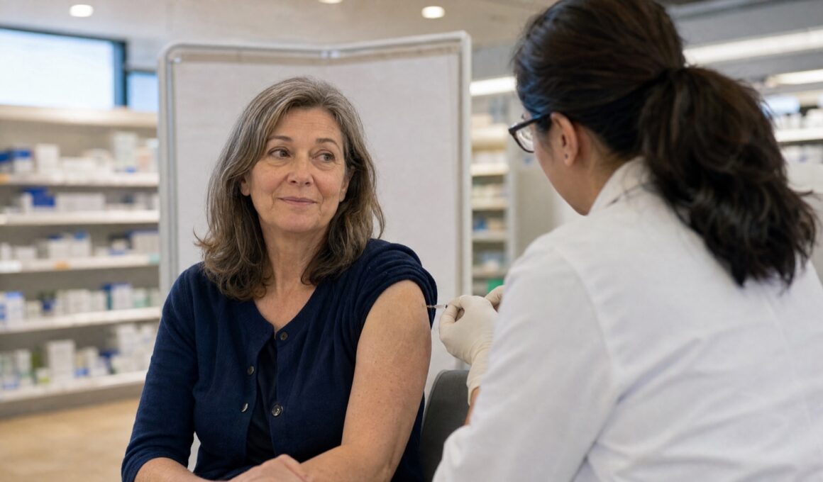 Woman in her mid-fifties getting a flu shot from a pharmacist at a US drugstore