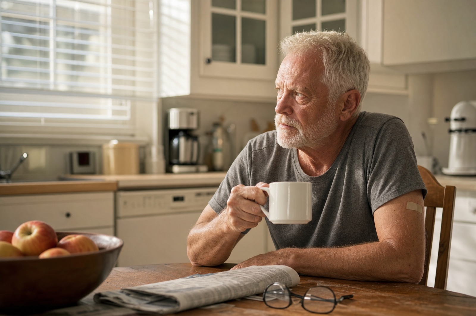 Man in his late sixties with an adhesive bandage on his upper arm having coffee at his kitchen table