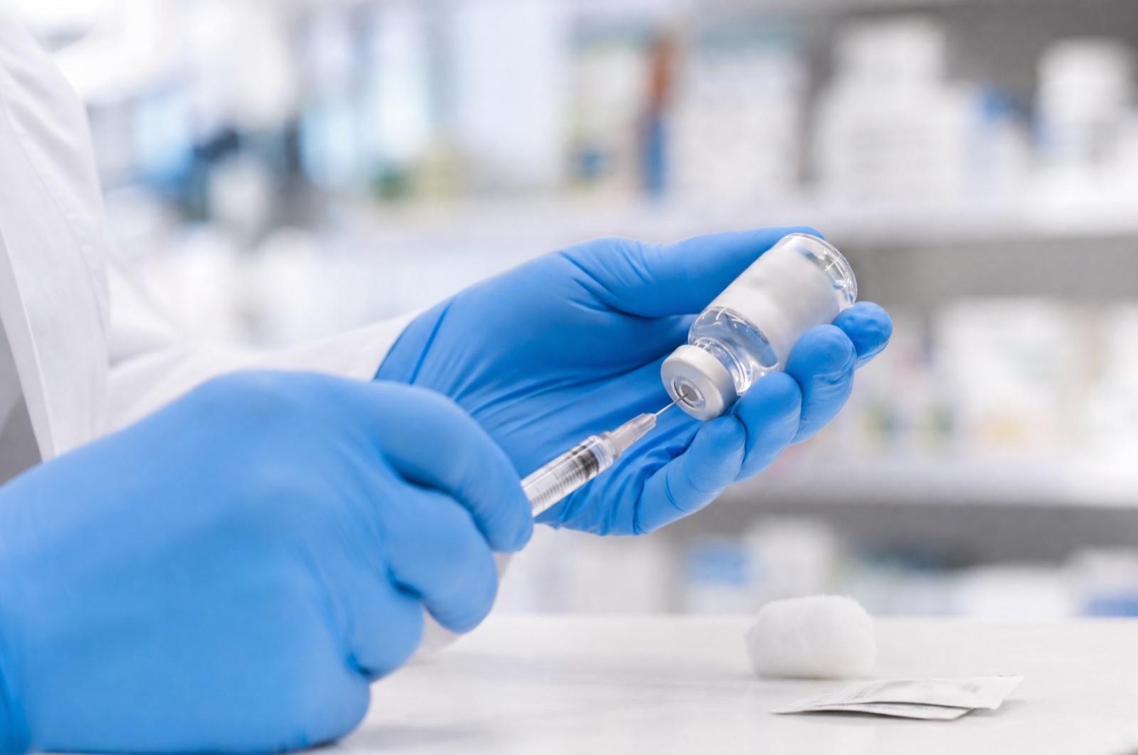 Pharmacist's gloved hands drawing flu vaccine from a vial into a syringe