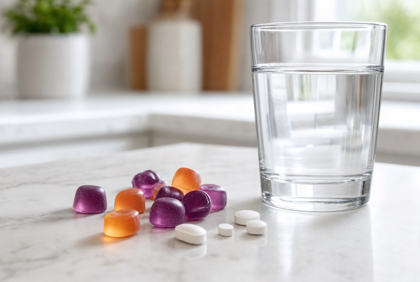 Handful of unlabeled melatonin gummies and small white tablets on a kitchen counter beside a glass of water