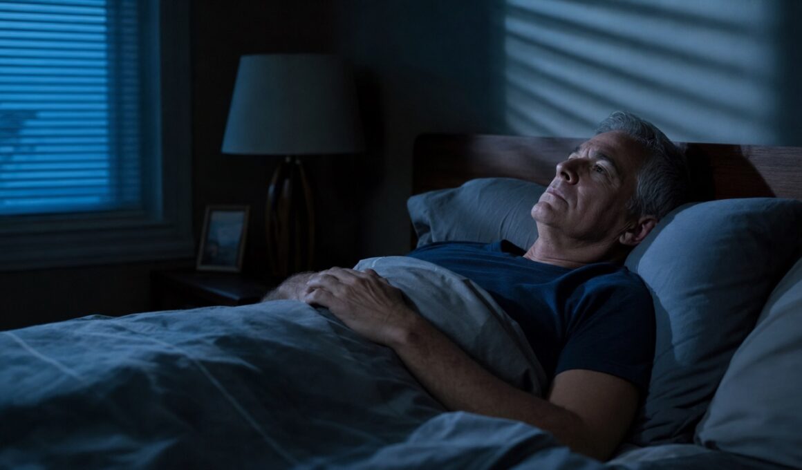 Man in his mid-fifties lying awake in a dim bedroom, soft blue pre-dawn light coming through the blinds