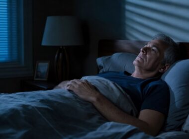 Man in his mid-fifties lying awake in a dim bedroom, soft blue pre-dawn light coming through the blinds