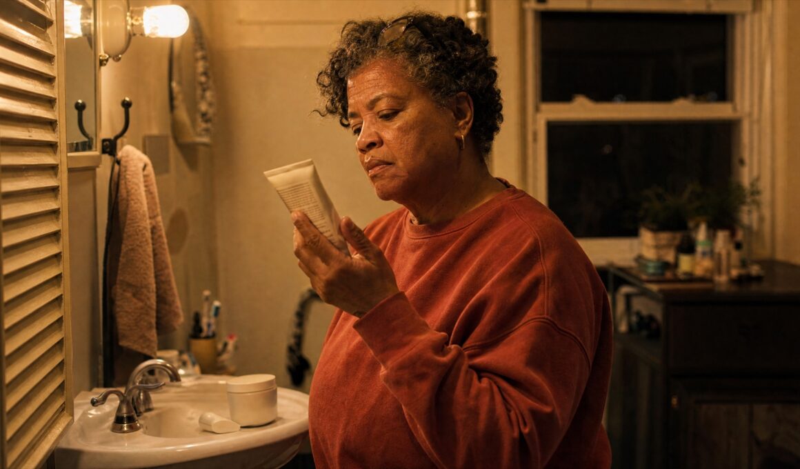 Woman in her fifties reading the back of a small skincare tube at her bathroom sink in the evening, a jar of cream beside her