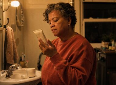 Woman in her fifties reading the back of a small skincare tube at her bathroom sink in the evening, a jar of cream beside her