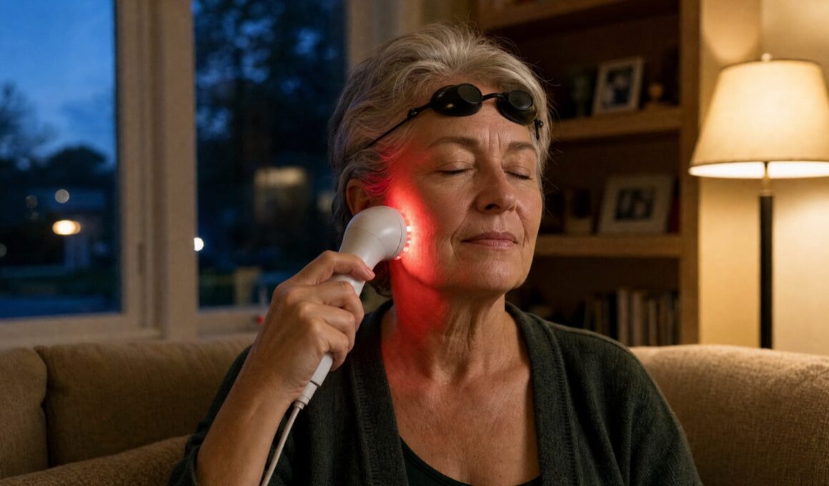 Woman in her early sixties using a handheld red light therapy device on her cheek on a living-room sofa