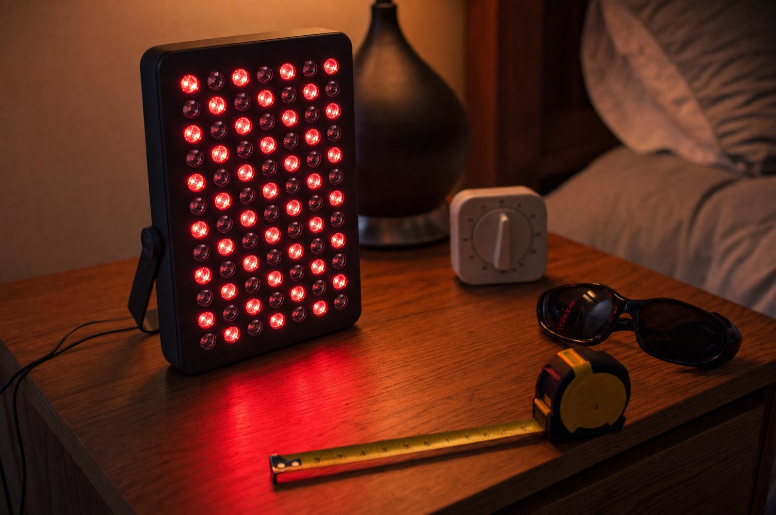 Small red light therapy panel switched on next to a tape measure, goggles and a kitchen timer on a nightstand