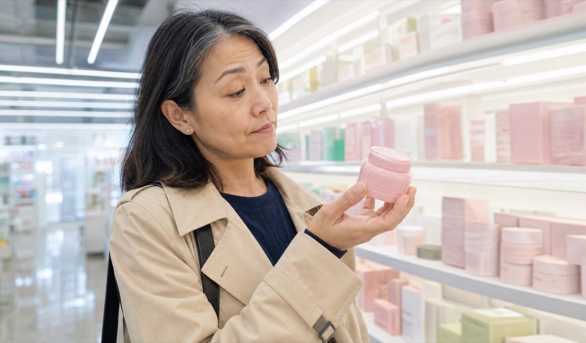Korean-American woman in her mid-forties in a bright beauty store aisle looking skeptically at a small pink jar in her hand