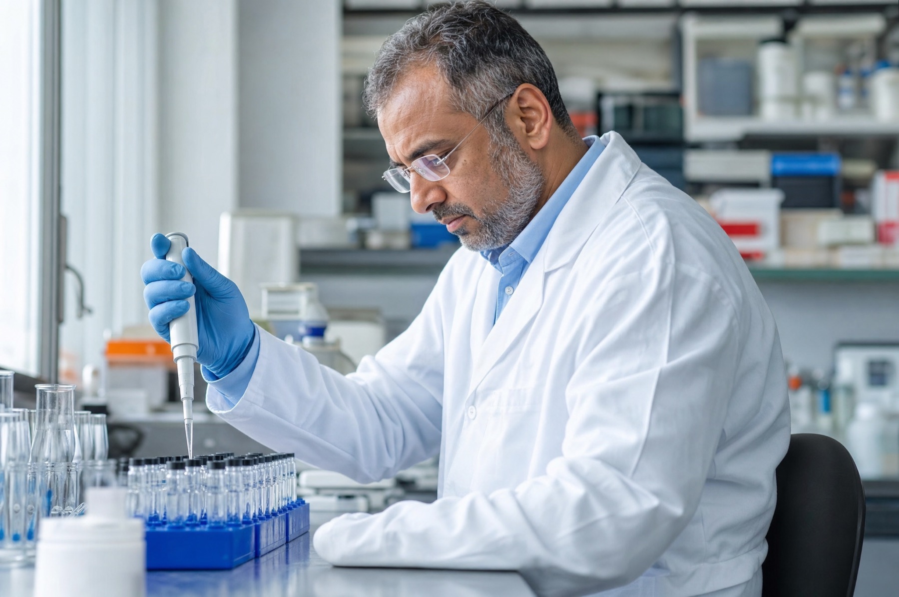 Male researcher of about fifty in a lab coat working with a pipette and small glass vials of clear liquid at a bench by a window