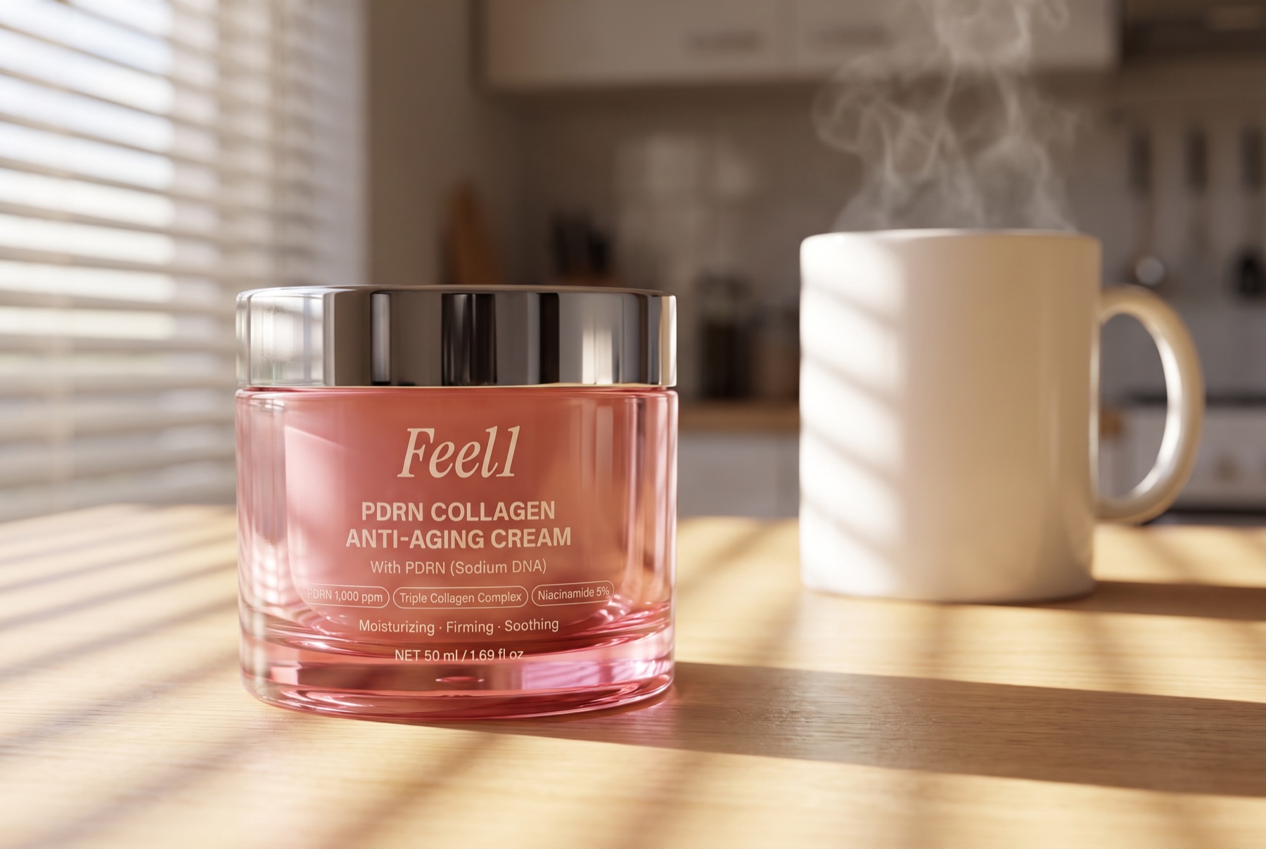 Pink glass jar of Feel1 PDRN Collagen Anti-Aging Cream with a chrome lid on a kitchen table next to a coffee mug in striped morning light